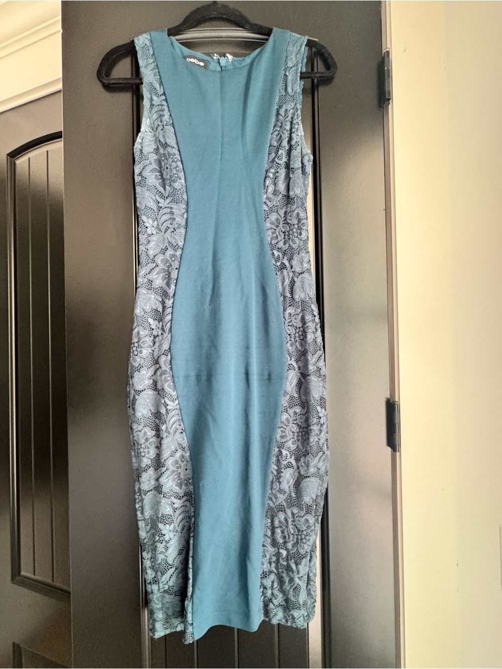 bebe Teal Sheath Dress with Lace Side Panels